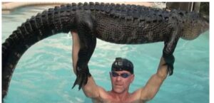 A man in a swimming pool holding an ENORMOUS alligator above his head.