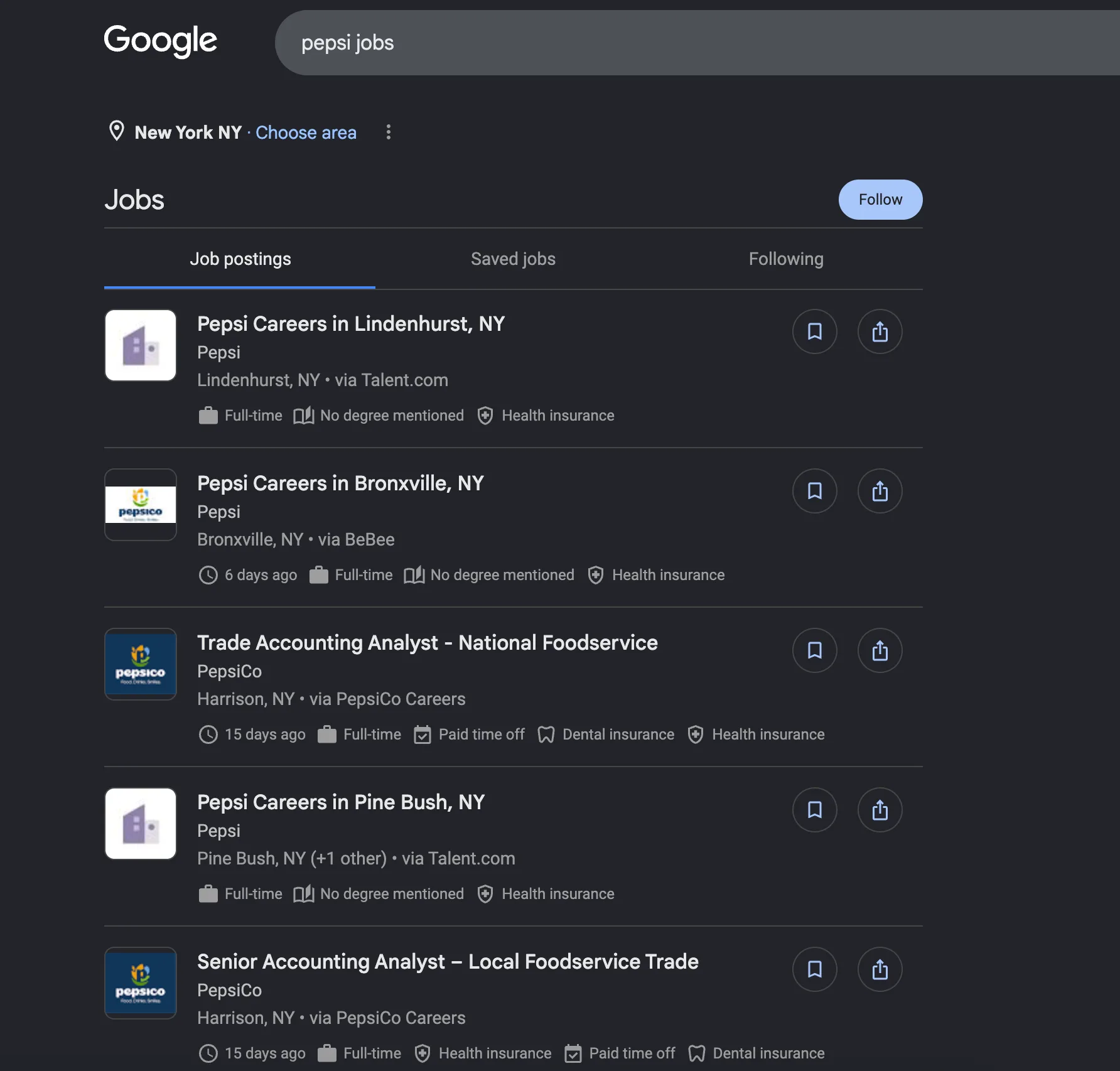 Pepsi Jobs as displayed on Google for Jobs.