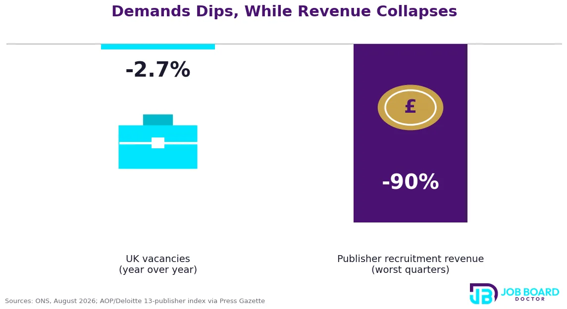 Chart contrasting a 2.7% drop in UK vacancies with a 90% collapse in publisher recruitment revenue